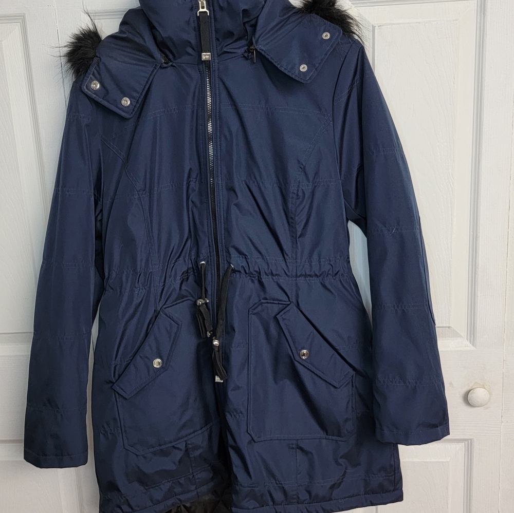 Jessica Simpson Long Jacket Lg Navy and Black Faux Fur Trim